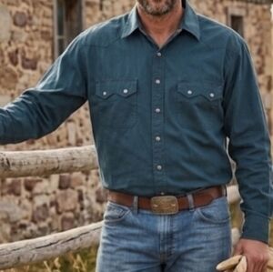 Wolverine Western Style Long Sleeve Dark Blue Shirt Pearl Snap Buttons Sz Large